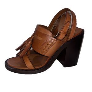 Burberry Brown Leather Tassel Block‎ Heel Slingback Sandals Women's SZ 8/ 38 NEW